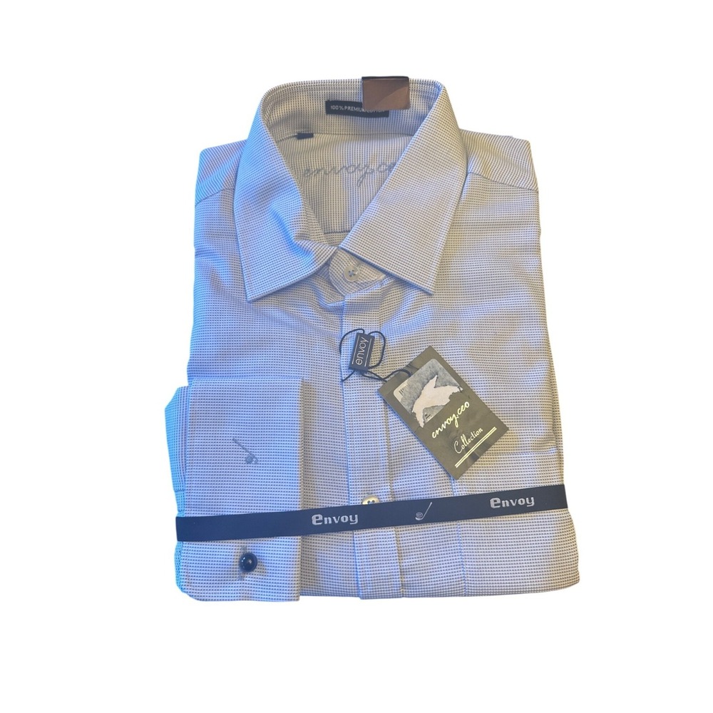 Envoy Mens Classic Fit Dress Shirt 17" Collar Long Sleeve Checkered Blue‎